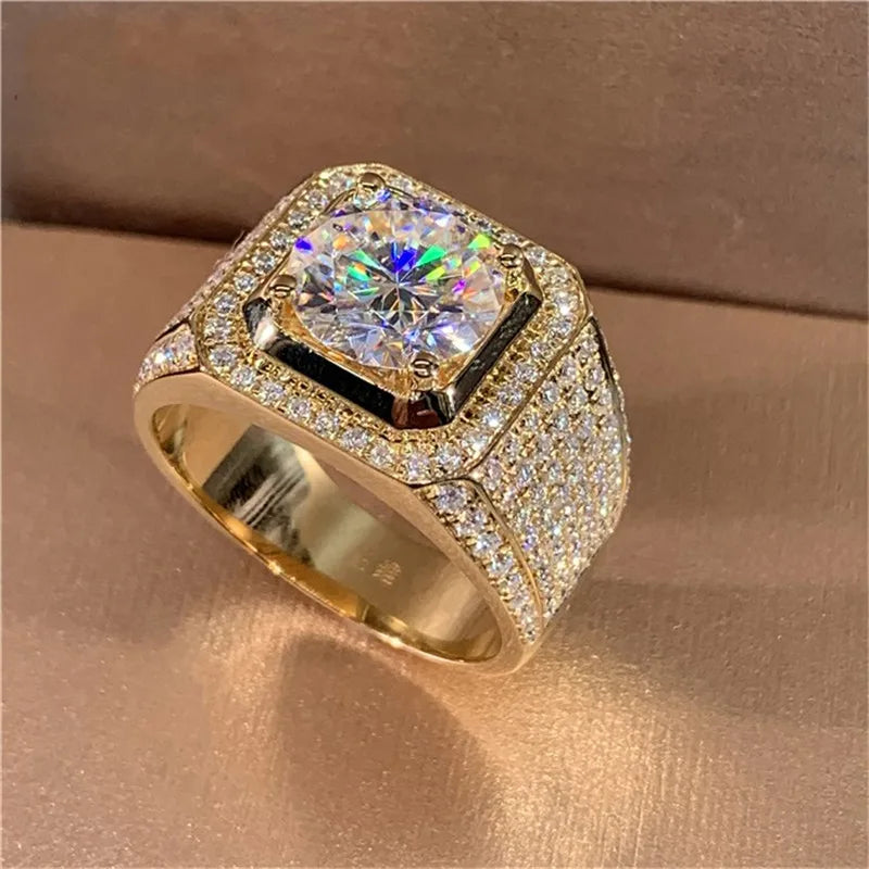 Solitaire 14K Gold Male 2Ct Lab Diamond Moissanite Ring 925 Sterling Silver Jewelry Party Wedding Band Rings for Men
