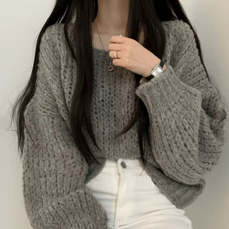 Women’s Hollow Out Knit Sweater – Lantern Sleeve O-Neck Pullover, Casual Autumn Winter Style