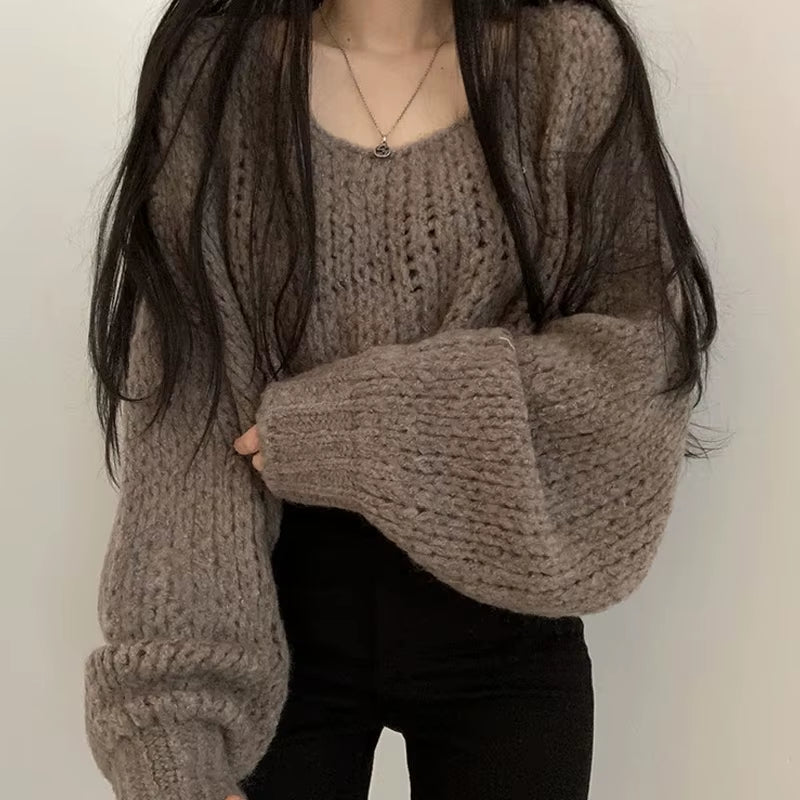 Women’s Hollow Out Knit Sweater – Lantern Sleeve O-Neck Pullover, Casual Autumn Winter Style