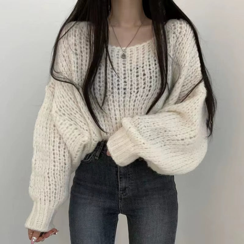 Women’s Hollow Out Knit Sweater – Lantern Sleeve O-Neck Pullover, Casual Autumn Winter Style