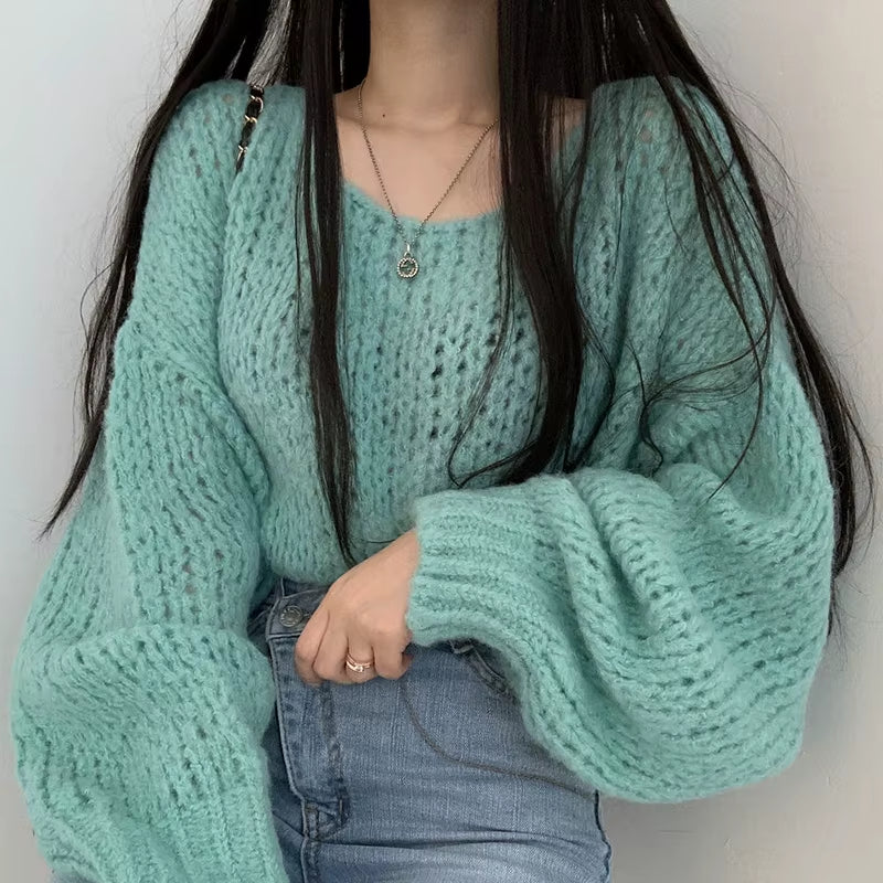 Women’s Hollow Out Knit Sweater – Lantern Sleeve O-Neck Pullover, Casual Autumn Winter Style