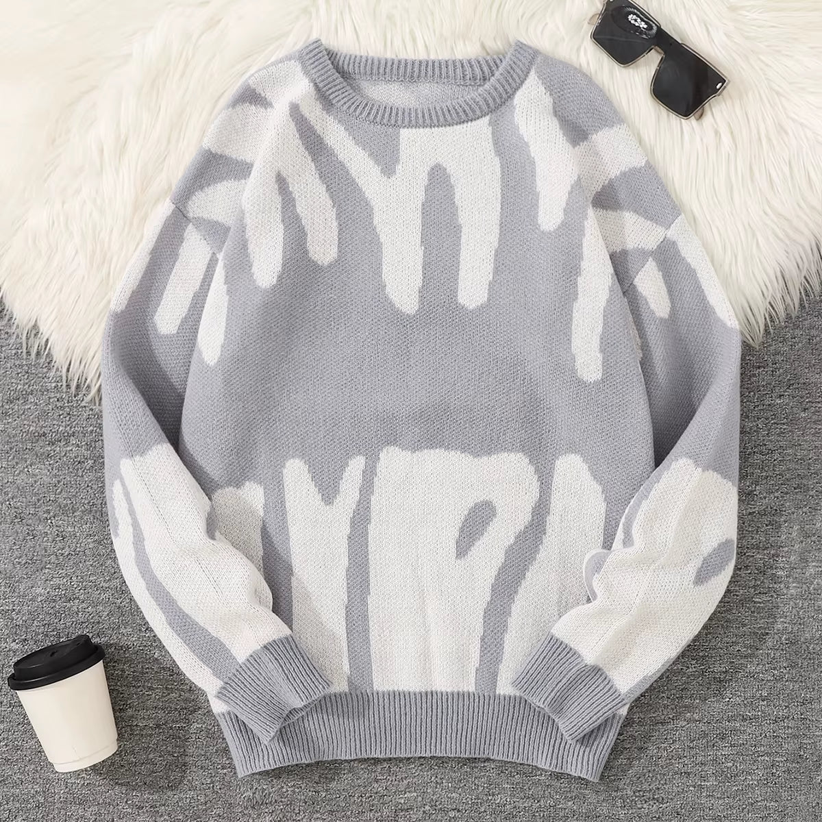 New Popular Autumn Winter Irregular Jacquard Pattern Pullover Sweater Casual round Neck Contrast Color Knitted Men'S Pullover