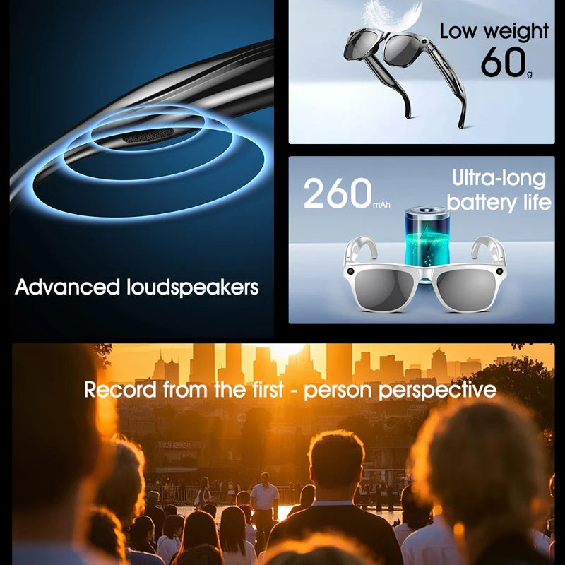 Camera Smart Glasses Take Photo Record Video Bluetooth Call AI Smart Sunglasses 260Mah Battery Stereo Music Translation Glasses