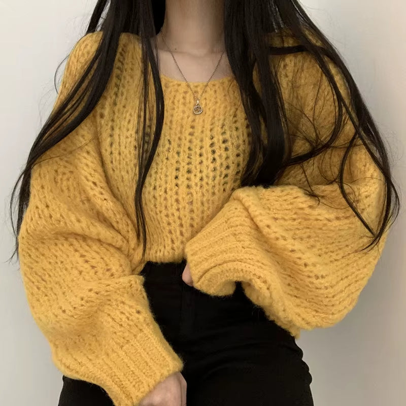 Women’s Hollow Out Knit Sweater – Lantern Sleeve O-Neck Pullover, Casual Autumn Winter Style