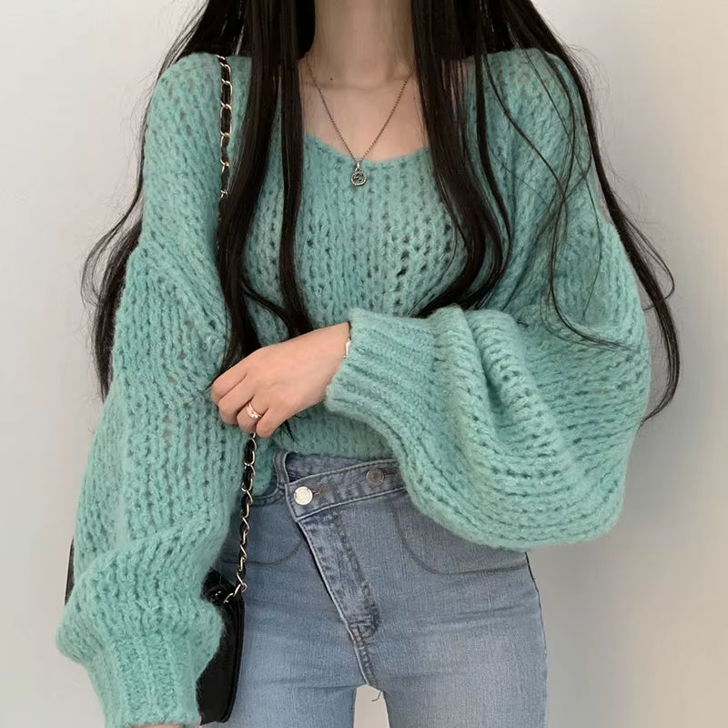 Women’s Hollow Out Knit Sweater – Lantern Sleeve O-Neck Pullover, Casual Autumn Winter Style