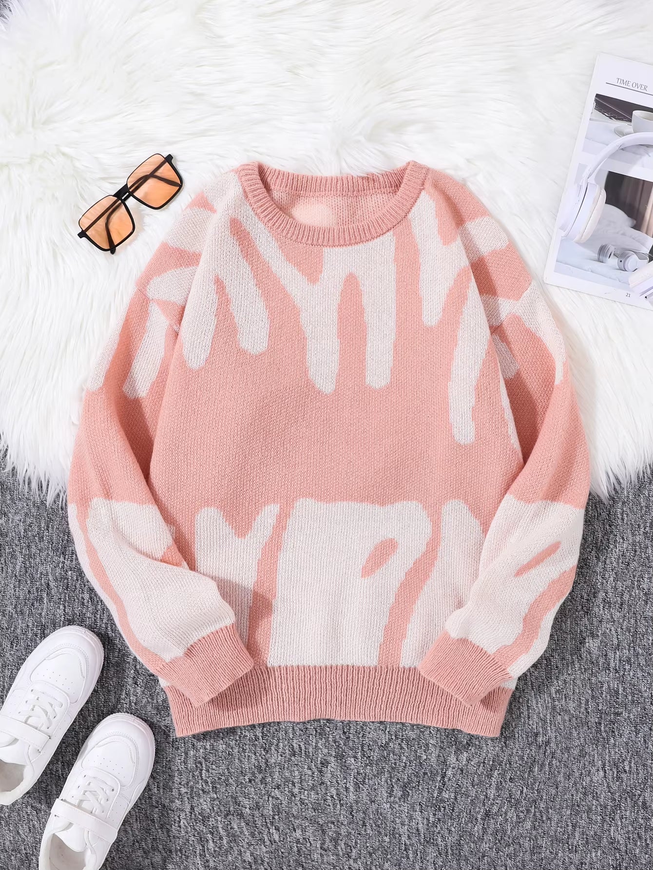 New Popular Autumn Winter Irregular Jacquard Pattern Pullover Sweater Casual round Neck Contrast Color Knitted Men'S Pullover