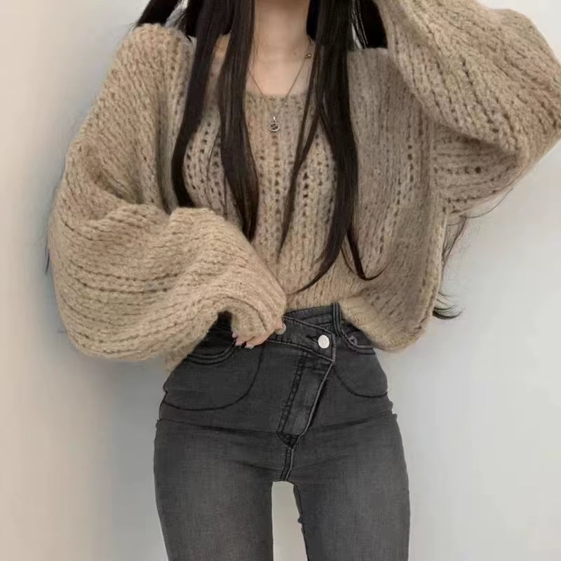Women’s Hollow Out Knit Sweater – Lantern Sleeve O-Neck Pullover, Casual Autumn Winter Style